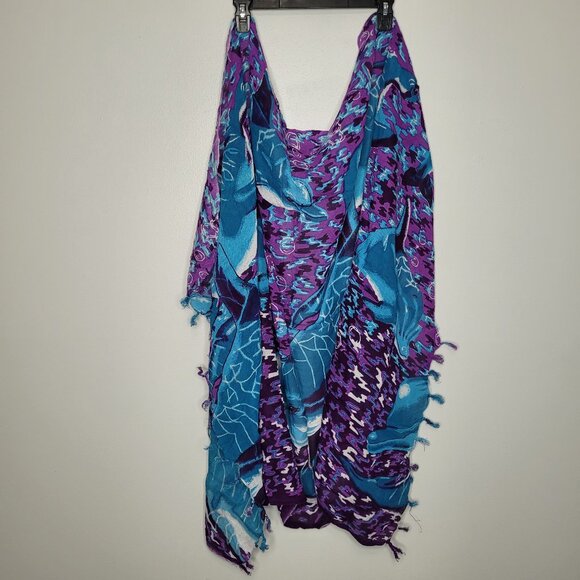 Dolphin blue purple fringe art to wear quirky shawl scarf - Picture 4 of 7